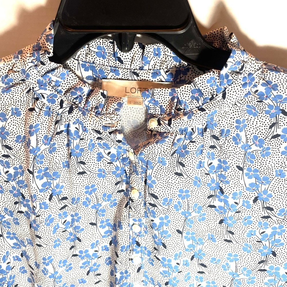 “LOFT Blue Floral Tie Neck Blouse Romantic Boho Cottagecore” Sz. Small - Picture 4 of 12
